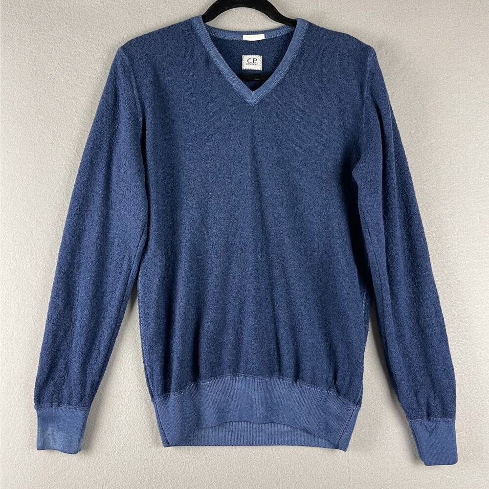 CP Company Sweater Mens‎ 52 Large Blue Wool Blend Knit V-Neck Pullover Italy